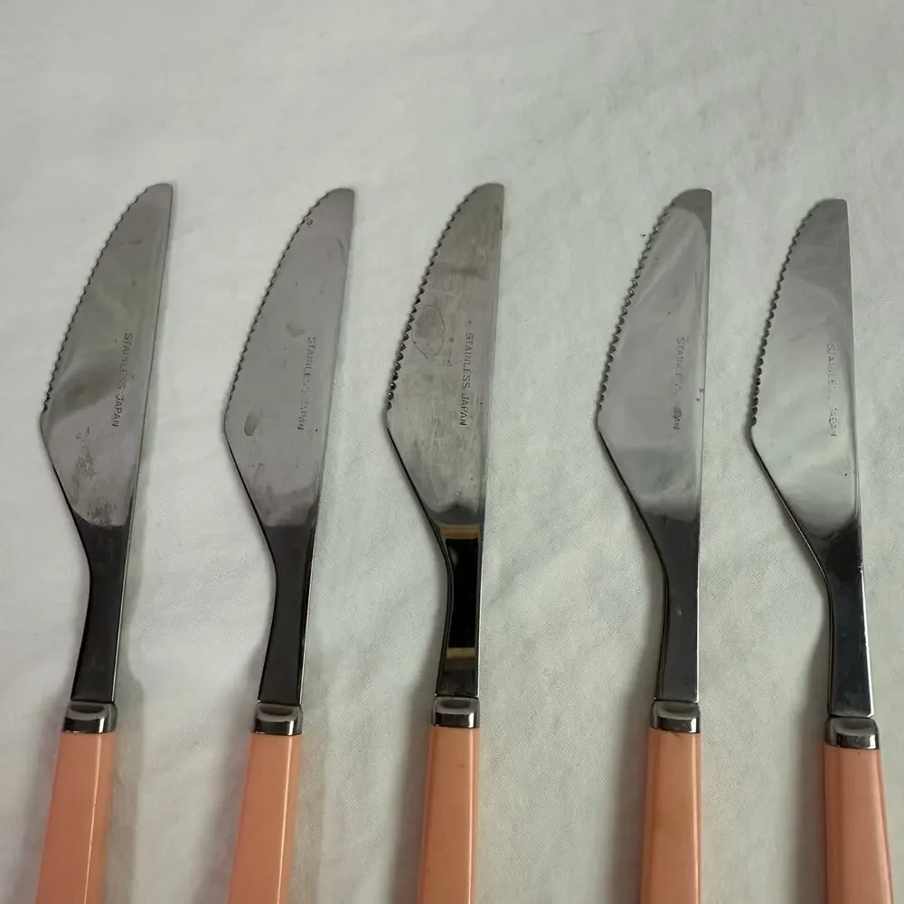 VTG Set of 8 Stainless Flatware Pink Plastic Handle Japan Knives Tea Spoon Forks